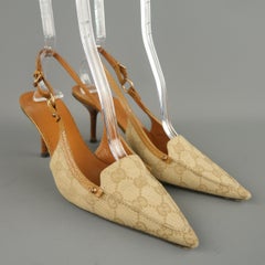 GUCCI Size 9 Beige Guccissima Canvas & Tan Leather Slingback Pumps
