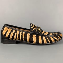 GUCCI Taille 9 Noir & Beige Zebra Calf Hair Slip On Horsebit Loafers