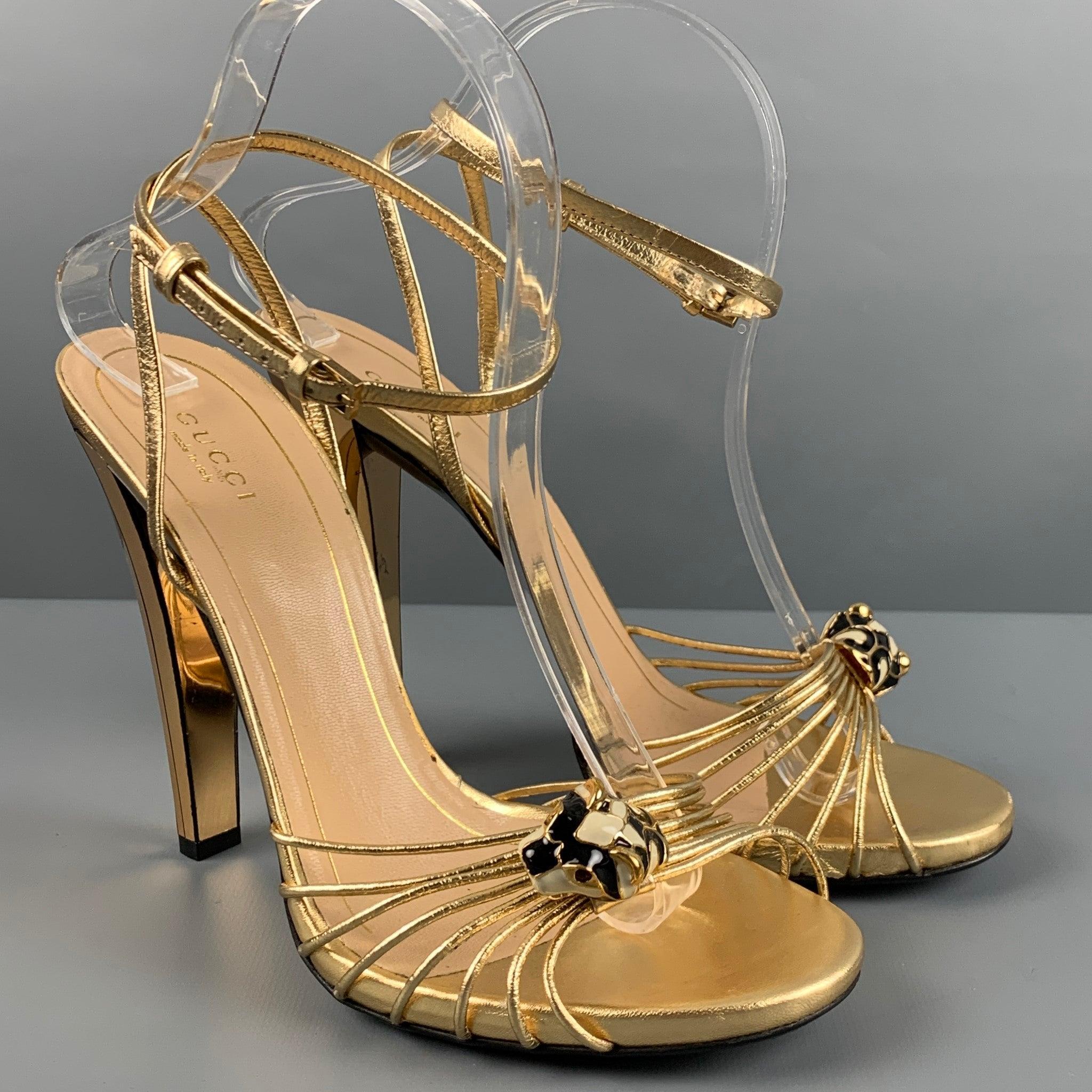 GUCCI Size 9 Gold Leather Ankle Strap Sandals In Good Condition In San Francisco, CA