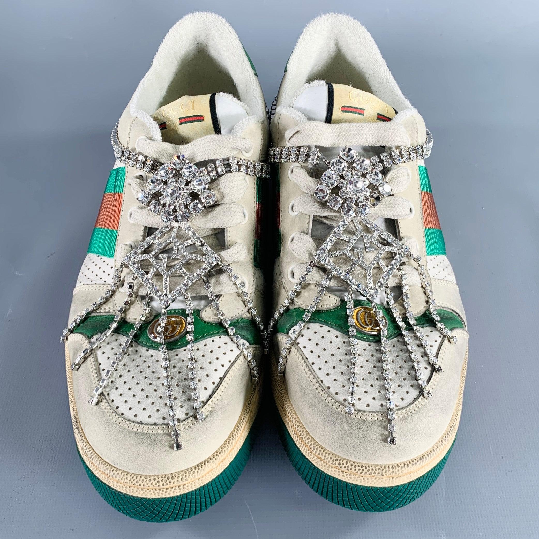 GUCCI Size 9 -Screener- Off White Distressed Leather Lace-Up Sneakers In Excellent Condition In San Francisco, CA