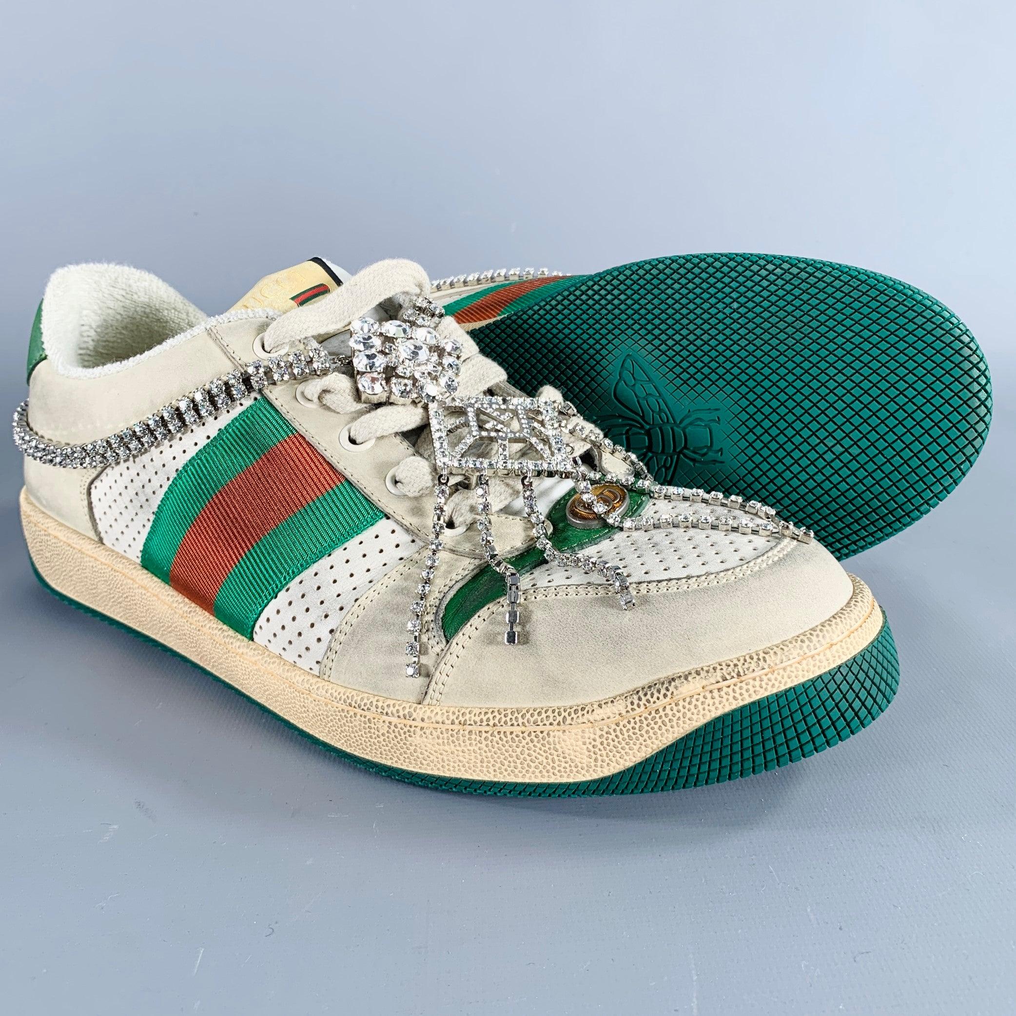 Men's GUCCI Size 9 -Screener- Off White Distressed Leather Lace-Up Sneakers