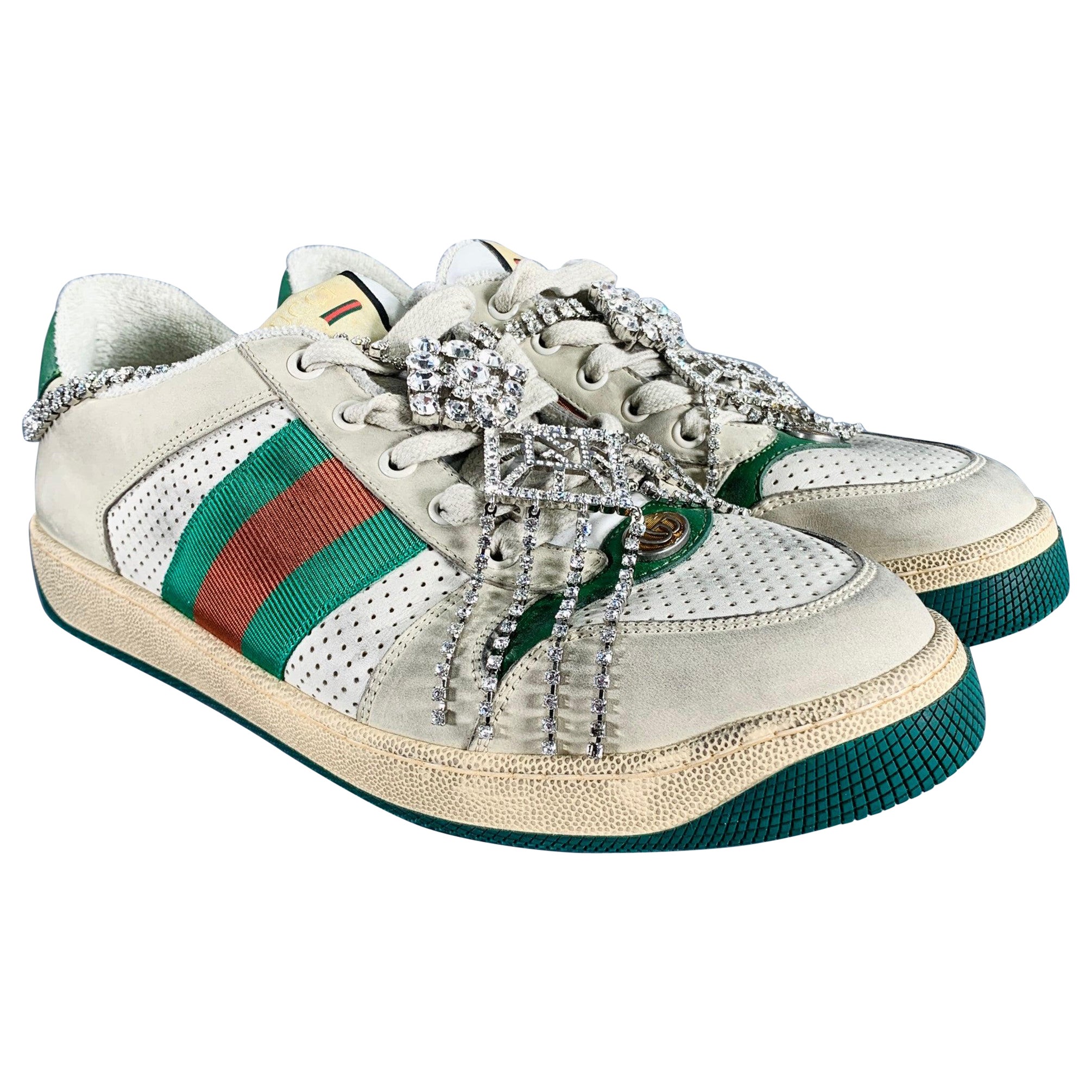 GUCCI Size 9 -Screener- Off White Distressed Leather Lace-Up Sneakers