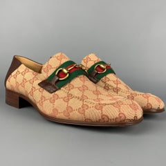 GUCCI Size 9 Tan & Brown Monogram Canvas Slip On Horsebit Loafers