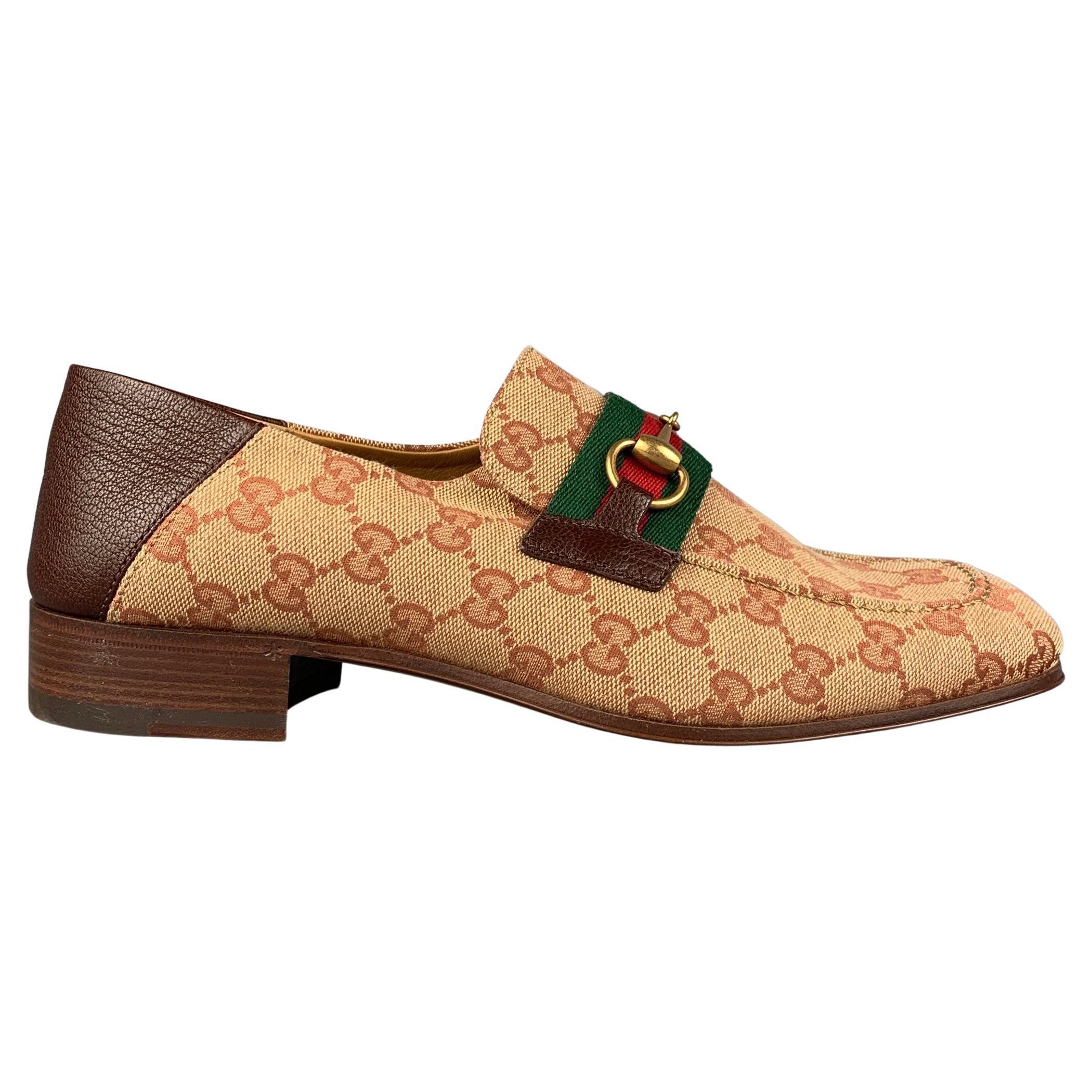 GUCCI Size 9 Tan 
Brown Monogram Canvas Slip On Horsebit Loafers