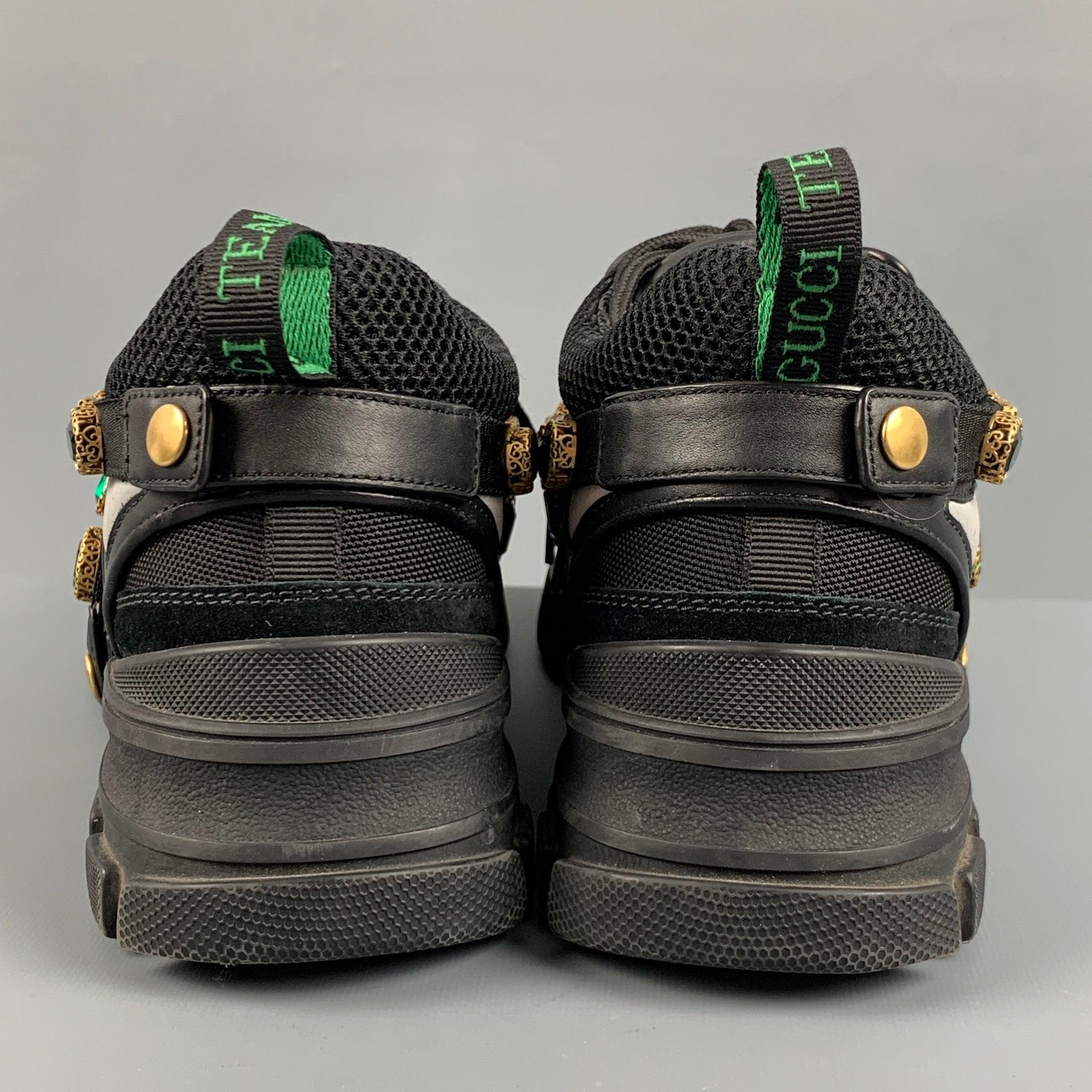 GUCCI Size 9.5 Black Green Beaded Nylon Lace Up Sneakers In Good Condition For Sale In San Francisco, CA