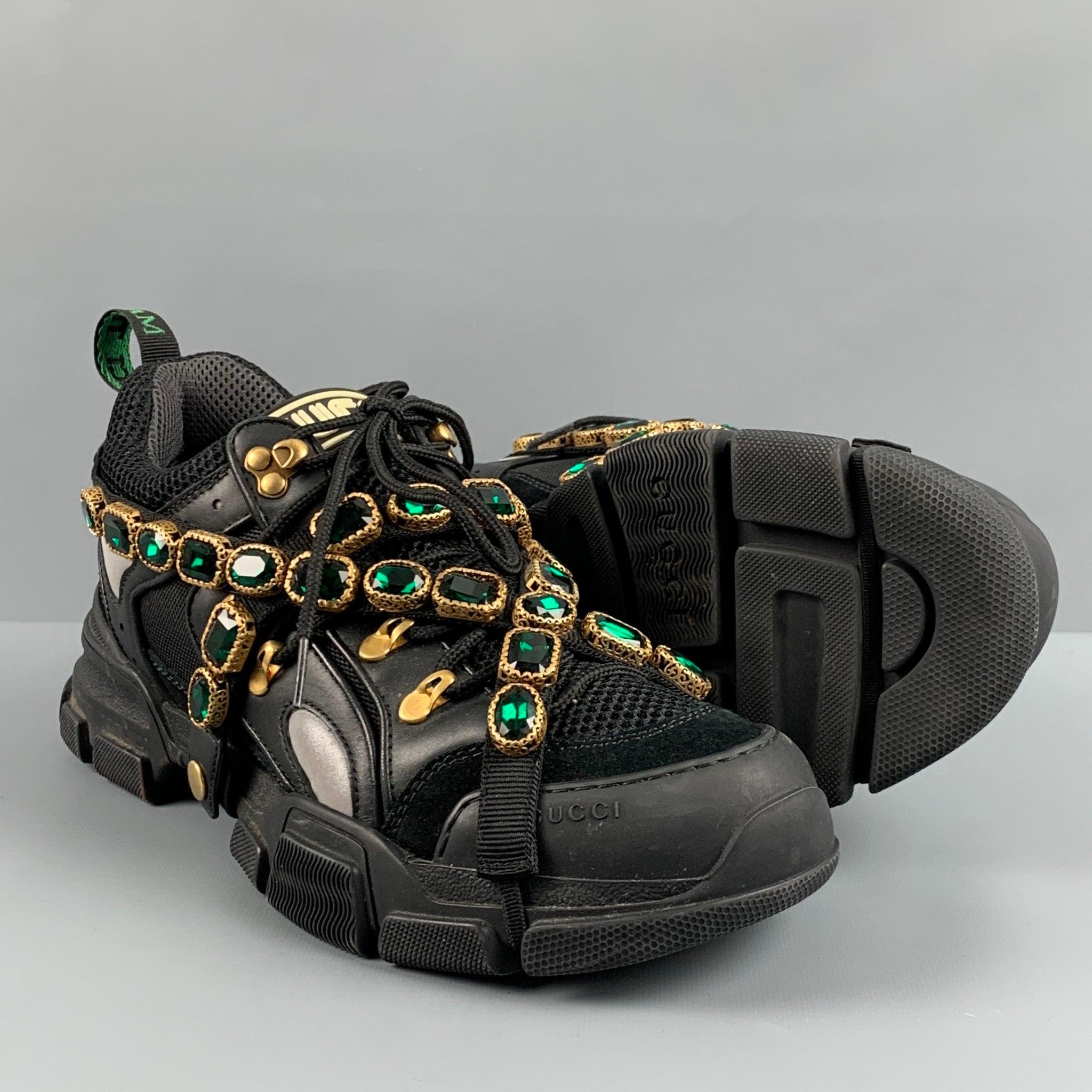 GUCCI Size 9.5 Black Green Beaded Nylon Lace Up Sneakers For Sale 1