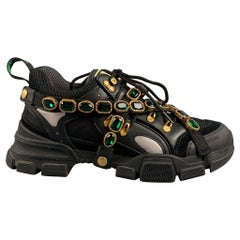 GUCCI Size 9.5 Black Green Beaded Nylon Lace Up Sneakers