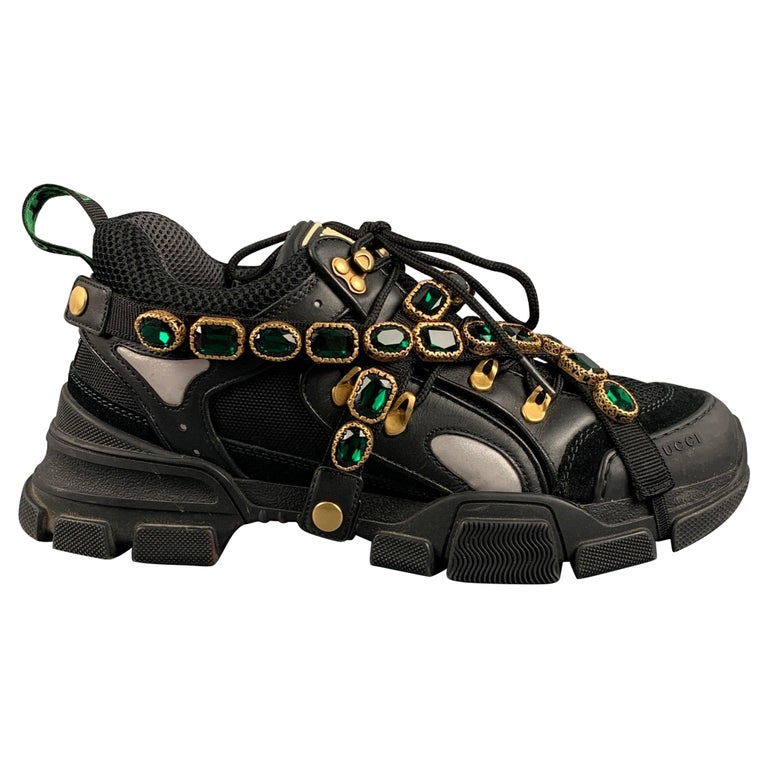 GUCCI Size 9.5 Black Green Beaded Nylon Lace Up Sneakers at  display picture 1