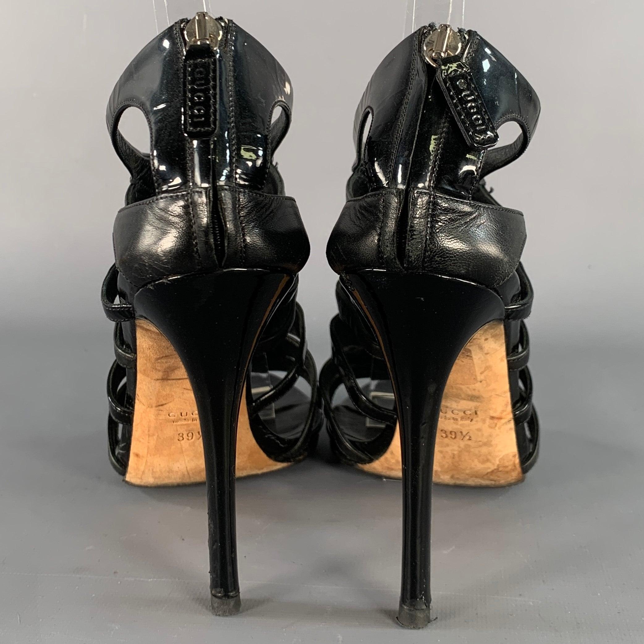 GUCCI Size 9.5 Black Leather Patent Leather Back Zipper Cage Sandals In Excellent Condition For Sale In San Francisco, CA