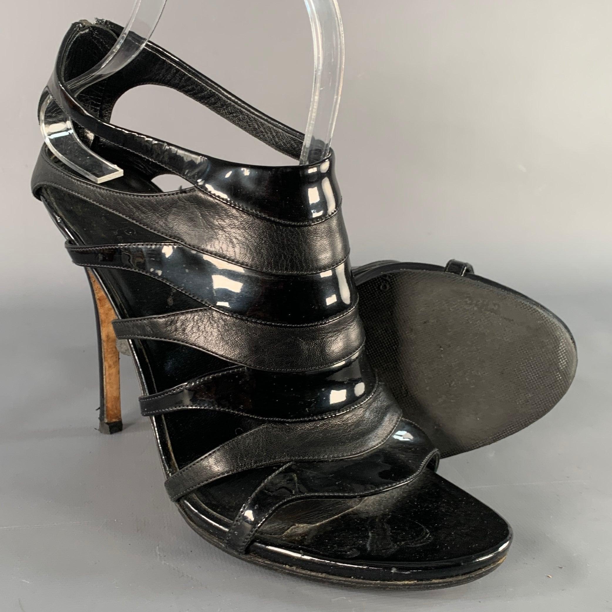 GUCCI Size 9.5 Black Leather Patent Leather Back Zipper Cage Sandals For Sale 1