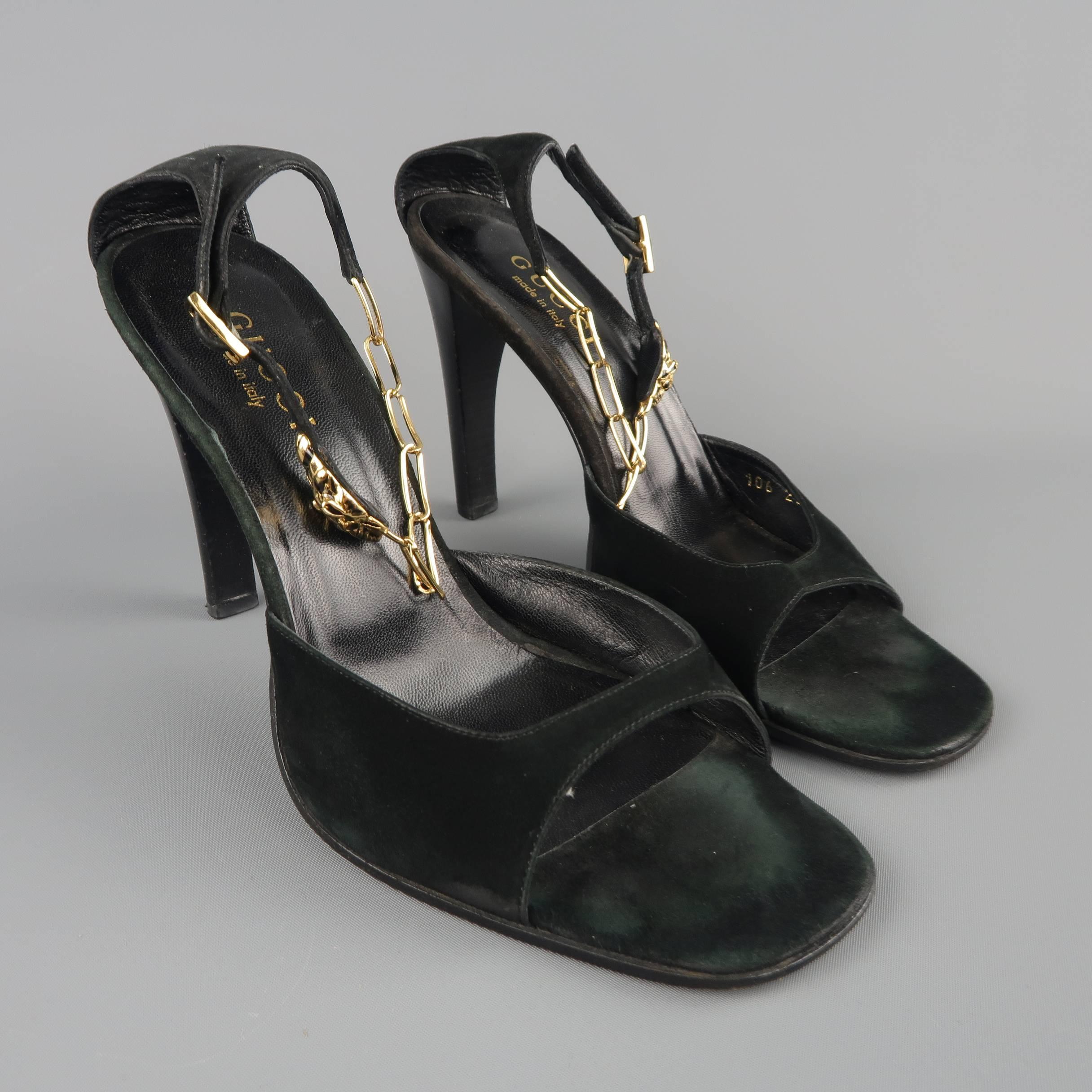 Women's GUCCI Size 9.5 Black Suede Gold Jaguar Chain Ankle Strap Sandals