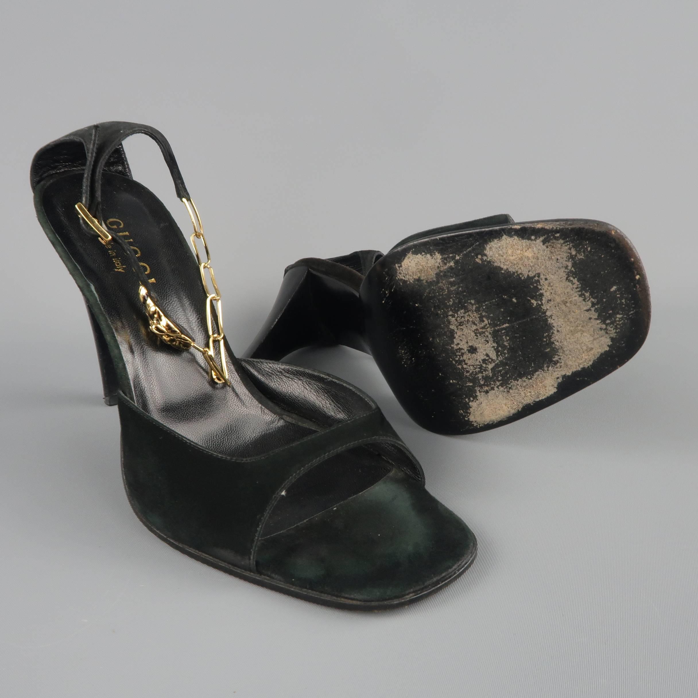 GUCCI Size 9.5 Black Suede Gold Jaguar Chain Ankle Strap Sandals 1