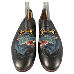GUCCI Size 9.5 Black Wolf Patch Leather Slip On Loafers