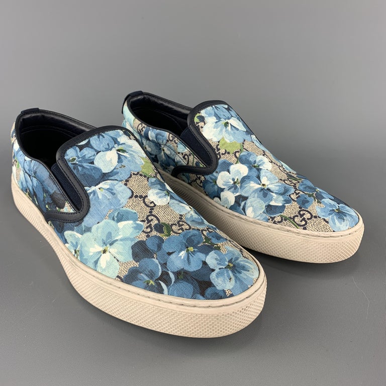 GUCCI Size 9.5 Blue Floral Blooms Monogram Canvas Slip On Sneakers at ...