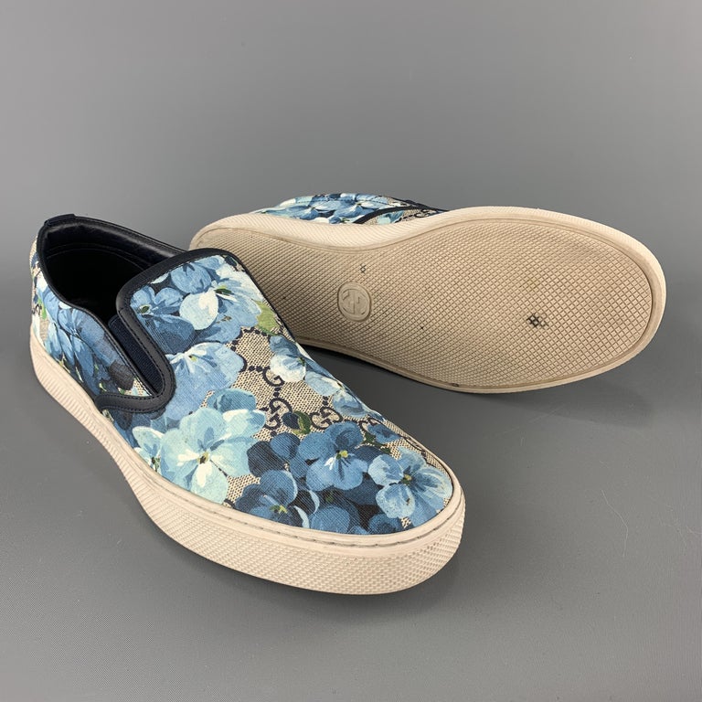 GUCCI Size 9.5 Blue Floral Blooms Monogram Canvas Slip On Sneakers at ...