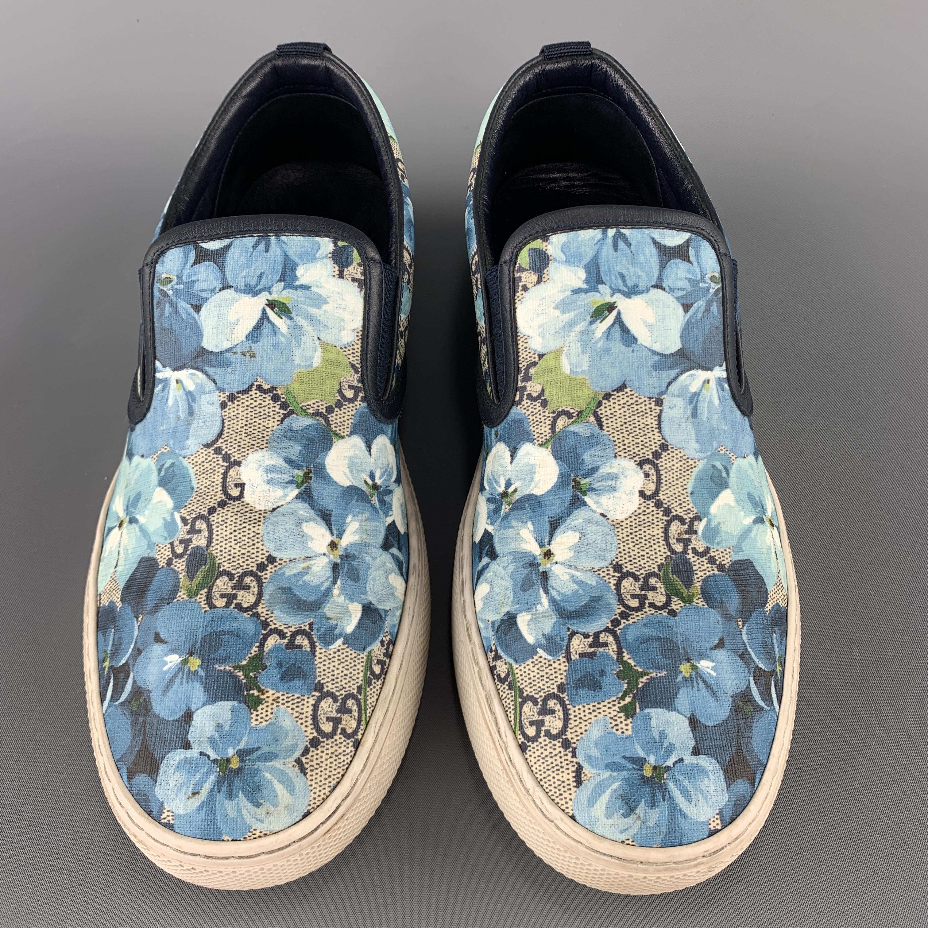 GUCCI Size 9.5 Blue Floral Blooms Monogram Canvas Slip On Sneakers at  1stDibs