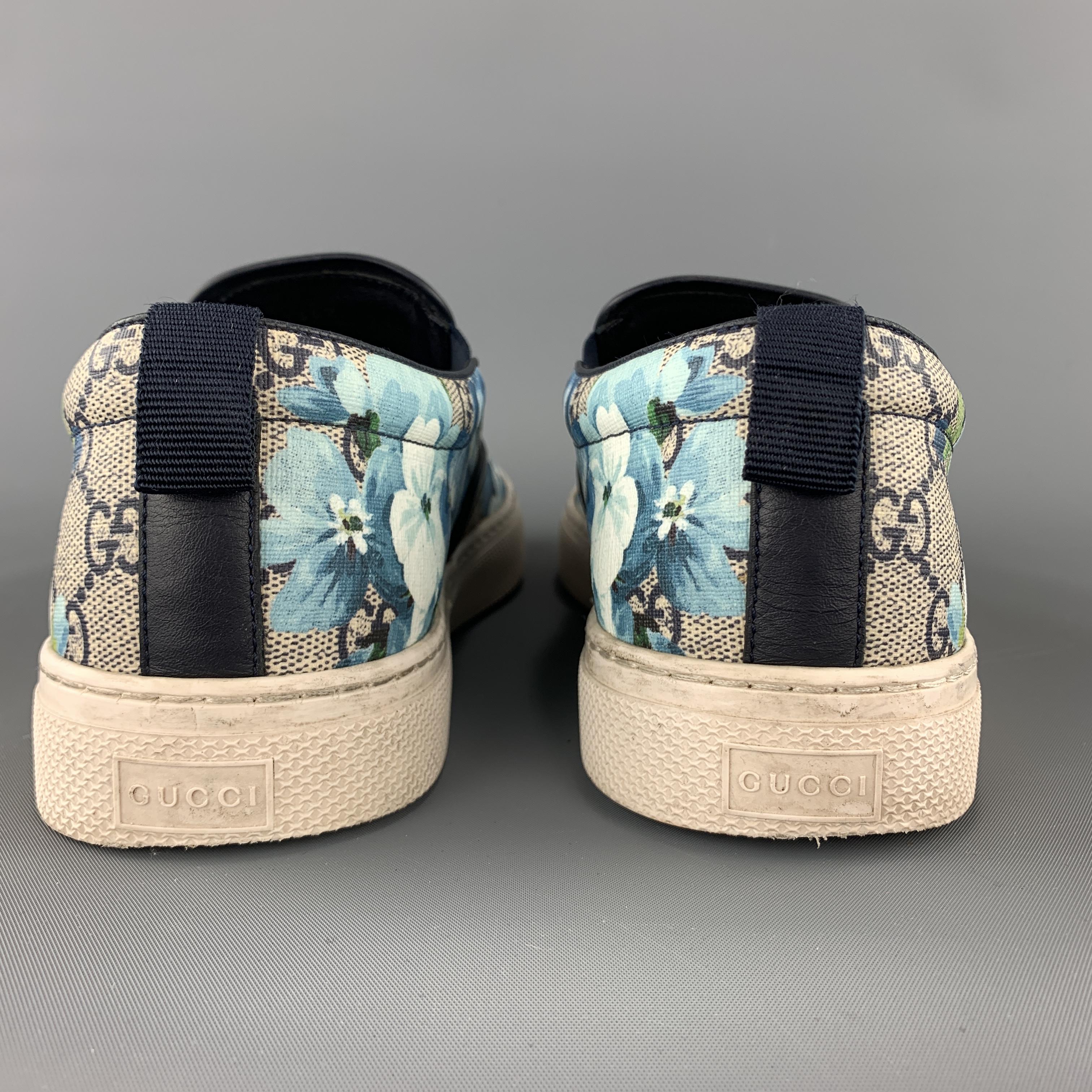 Beige GUCCI Size 9.5 Blue Floral Blooms Monogram Canvas Slip On Sneakers