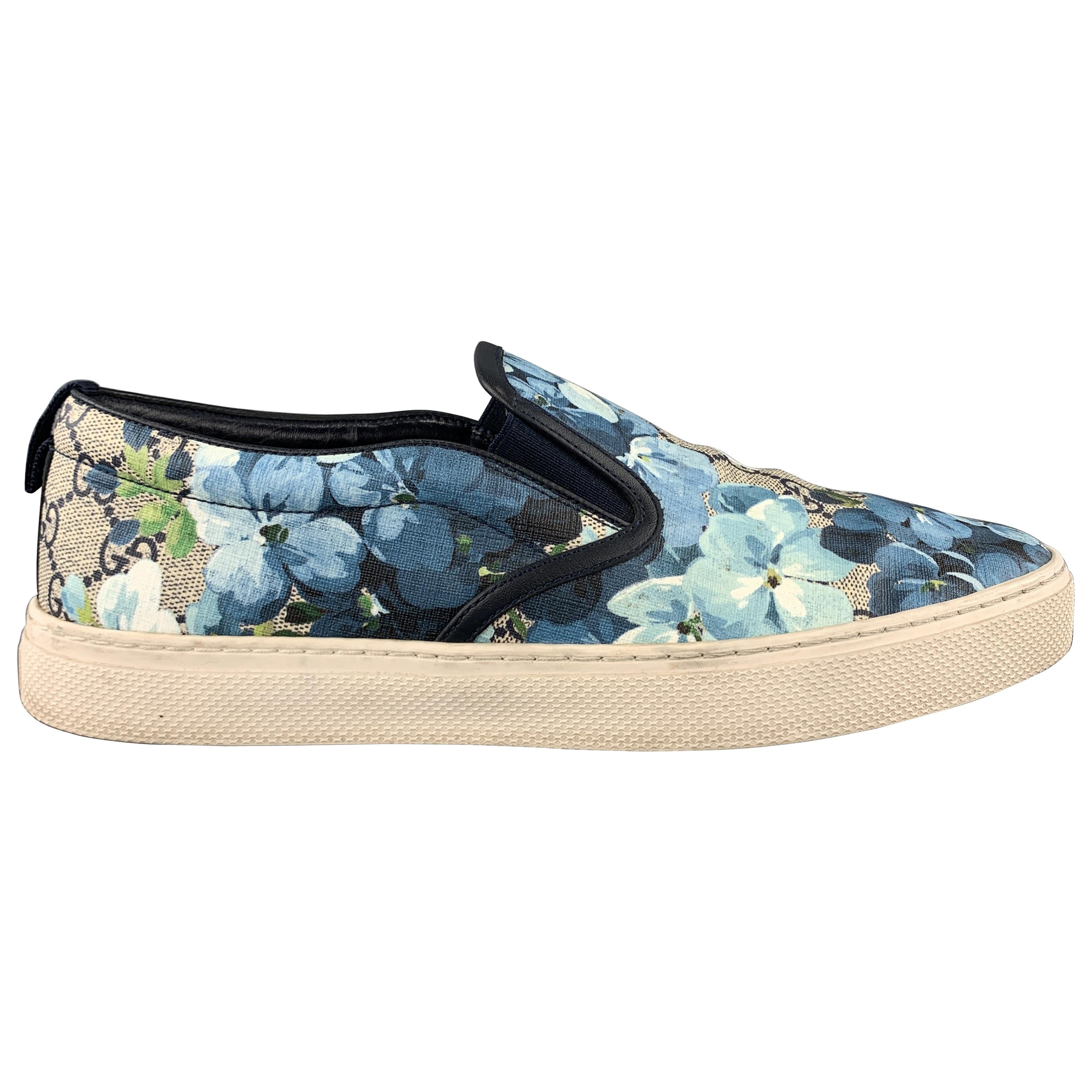 GUCCI Size 9.5 Blue Floral Blooms Monogram Canvas Slip On Sneakers