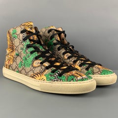 GUCCI Size 9.5 Brown Green Bengal Tiger GG Monogram Coated Canvas High Top Shoes