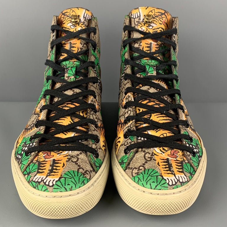 GUCCI Size 9.5 Brown Green Bengal Tiger GG Monogram Coated Canvas High Top  Shoes at 1stDibs