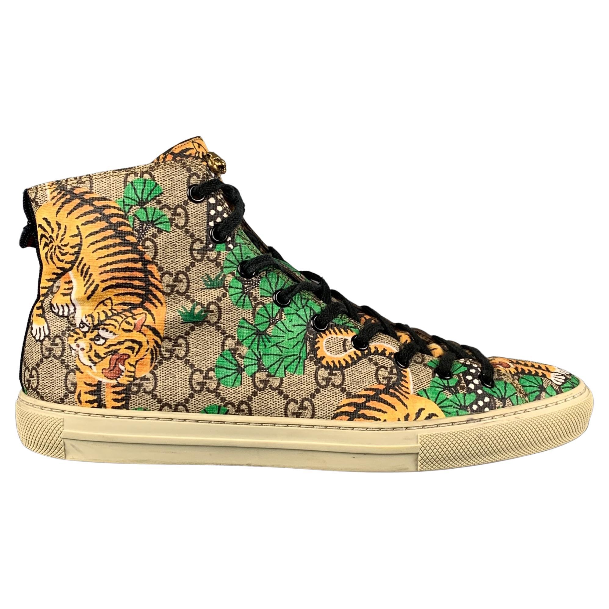 GUCCI Size 9.5 Brown Green Bengal Tiger GG Monogram Coated Canvas High Top  Shoes at 1stDibs