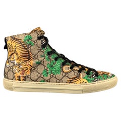 GUCCI Size 9.5 Brown Green Bengal Tiger GG Monogram Coated Canvas High Top Shoes