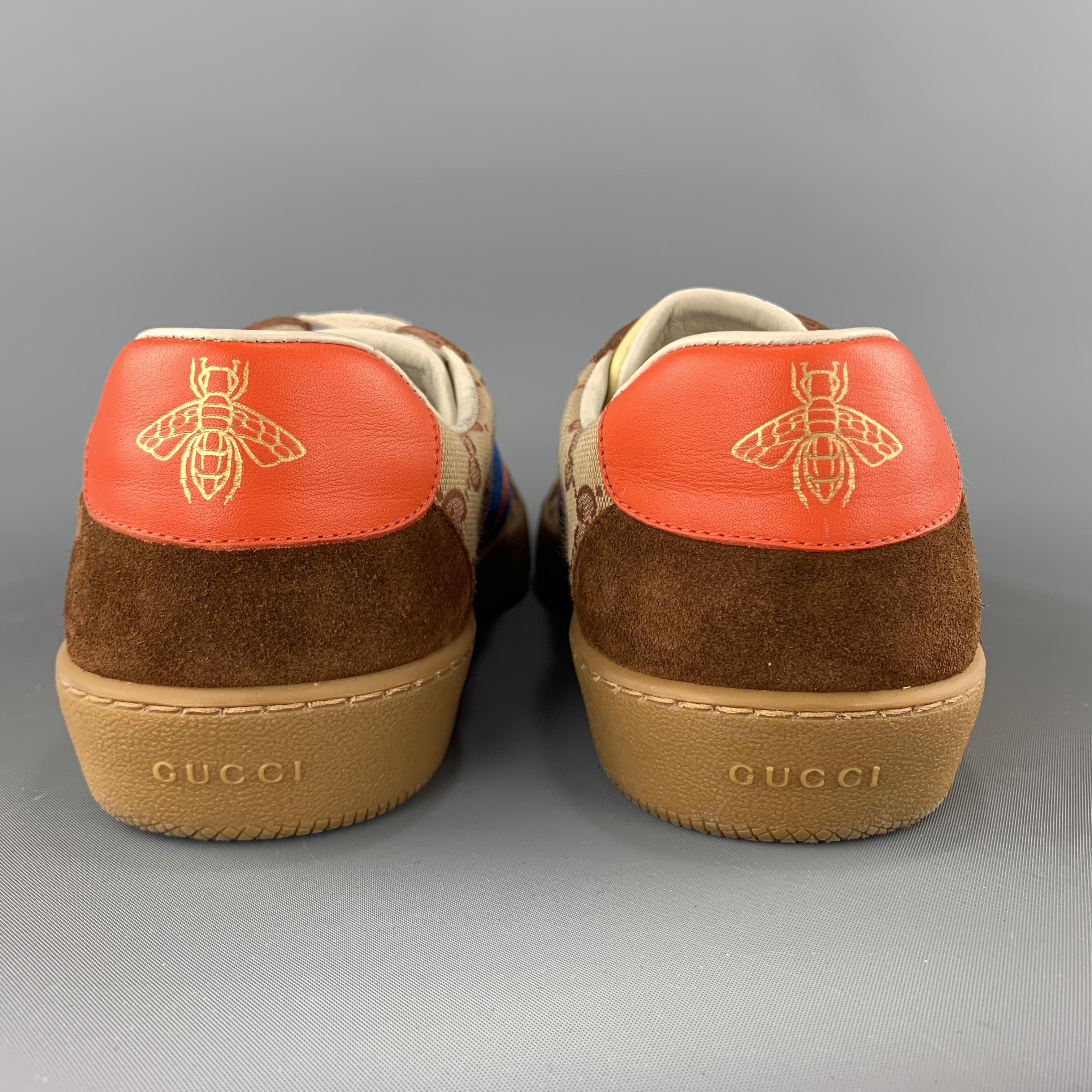 Brown GUCCI Size 9.5 Copper Monogram Canvas & Suede Webbing Stripe G74 Sneakers