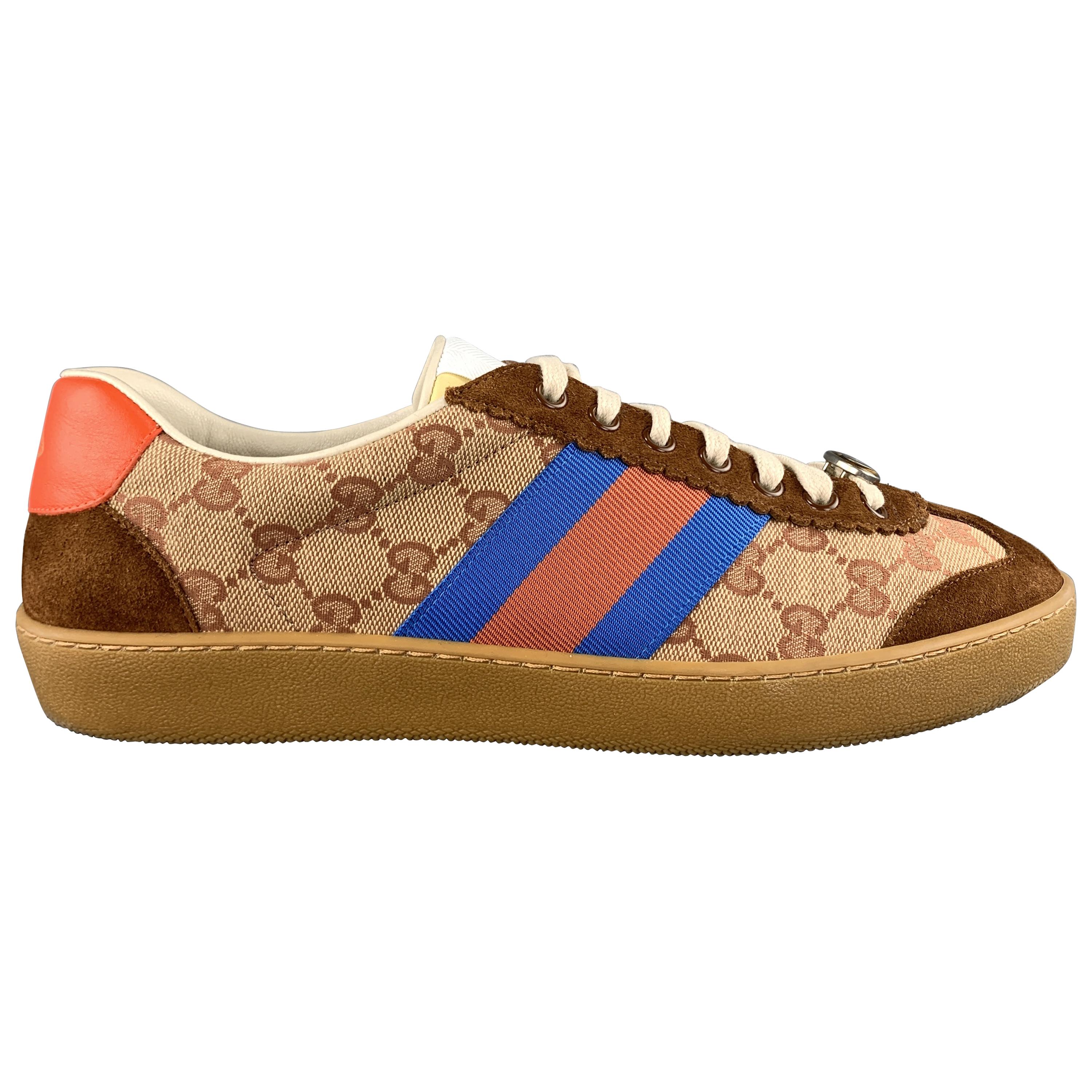 GUCCI Size 9.5 Copper Monogram Canvas & Suede Webbing Stripe G74 Sneakers