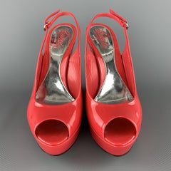 GUCCI Size 9.5 Coral Red Patent Leather Platform Peep Toe Slingback Wedges