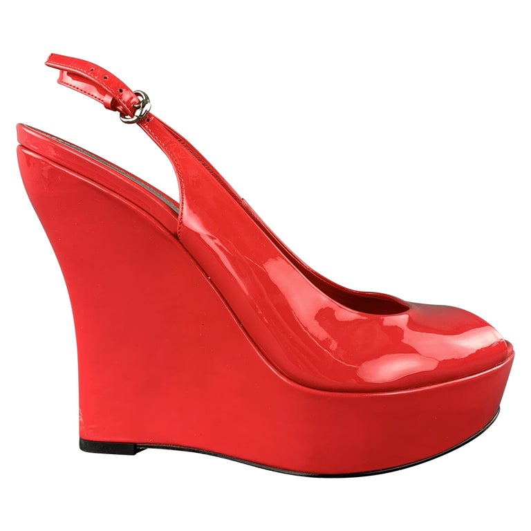 GUCCI Size 9.5 Coral Red Patent Leather Platform Peep Toe Slingback Wedges  at 1stDibs