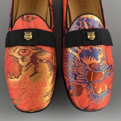 GUCCI Size 9.5 Orange Tiger Stud Silk Jacquard Bow Loafers