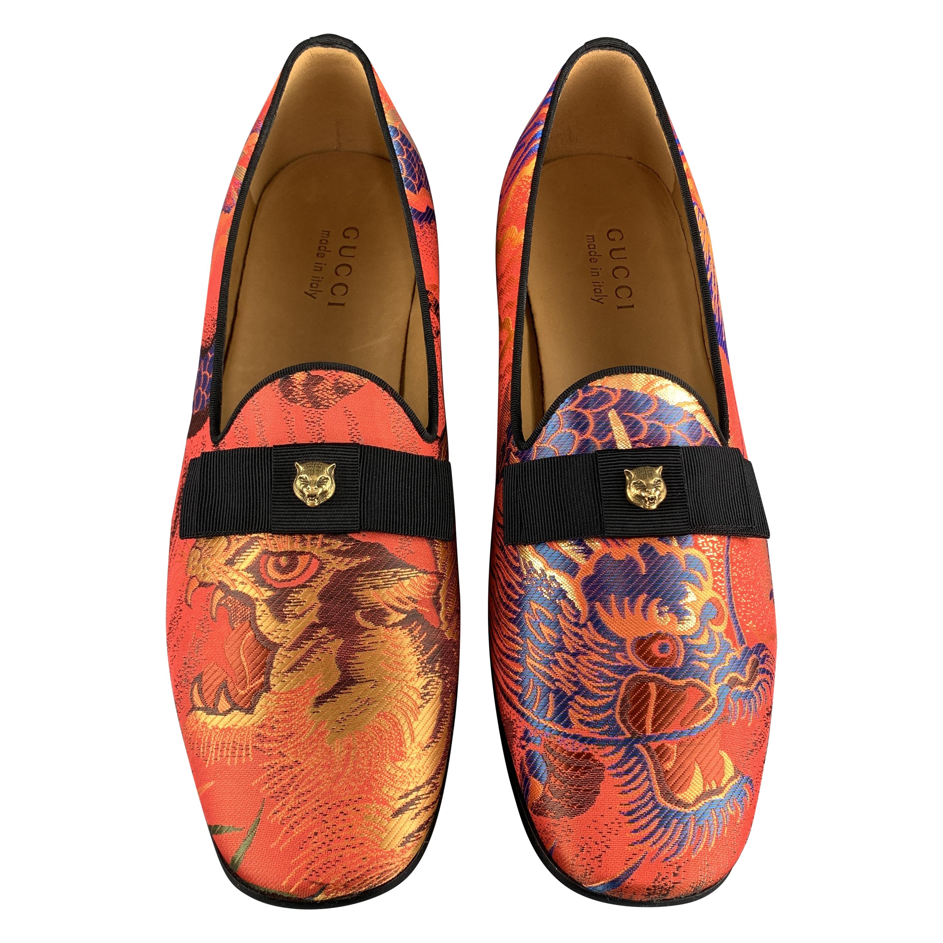 GUCCI Size 9.5 Orange Tiger Stud Silk Jacquard Bow Loafers