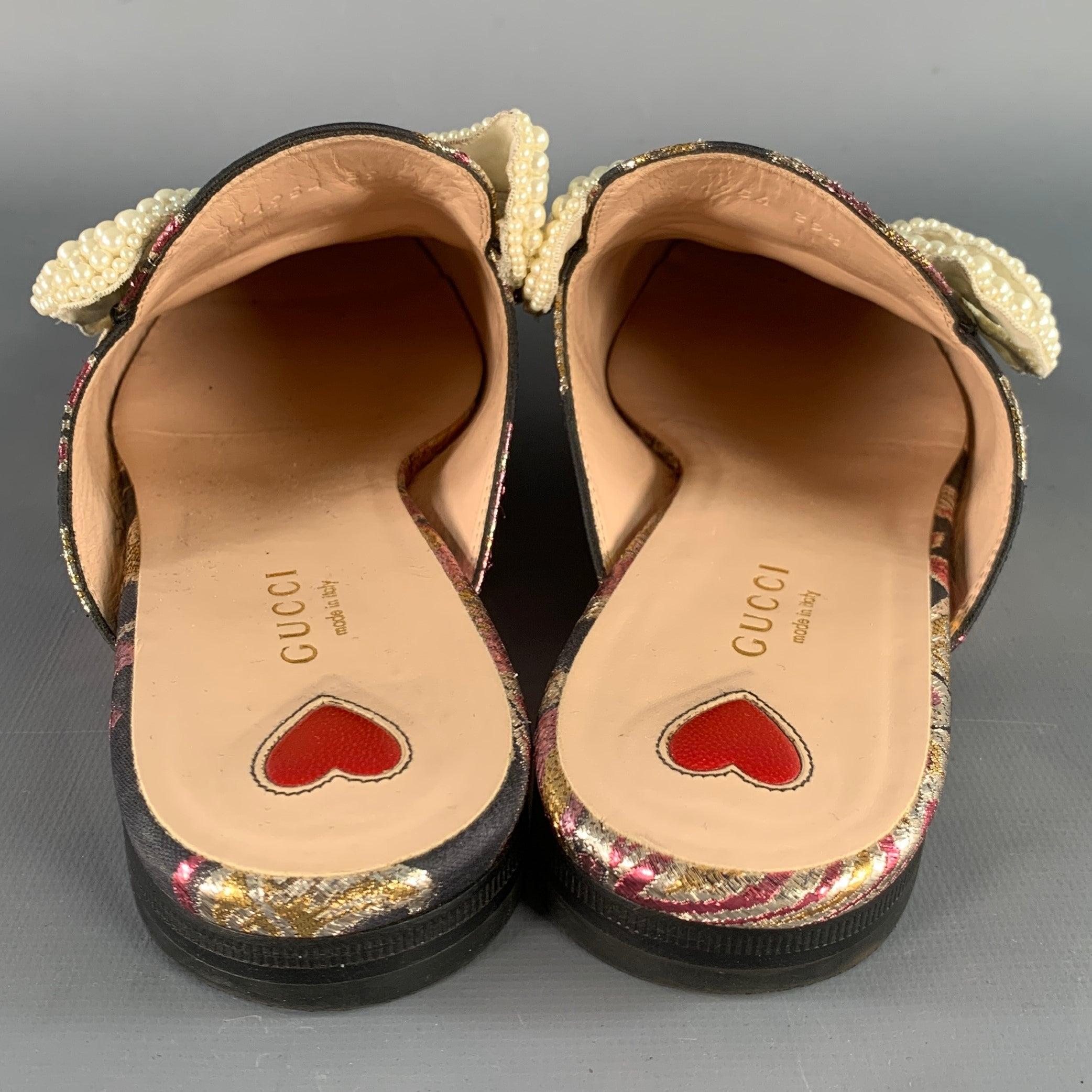 GUCCI Size 9.5 Princetown Black Multi Color Faux Pearl Bows Slip On Flats In Good Condition For Sale In San Francisco, CA