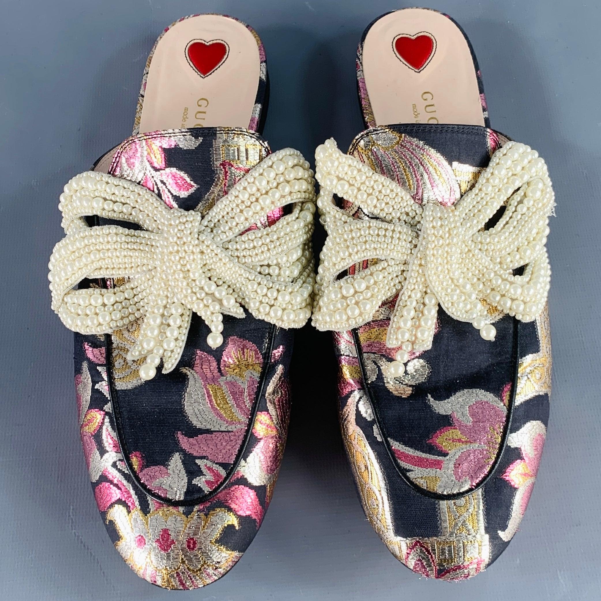 Women's GUCCI Size 9.5 Princetown Black Multi Color Faux Pearl Bows Slip On Flats For Sale