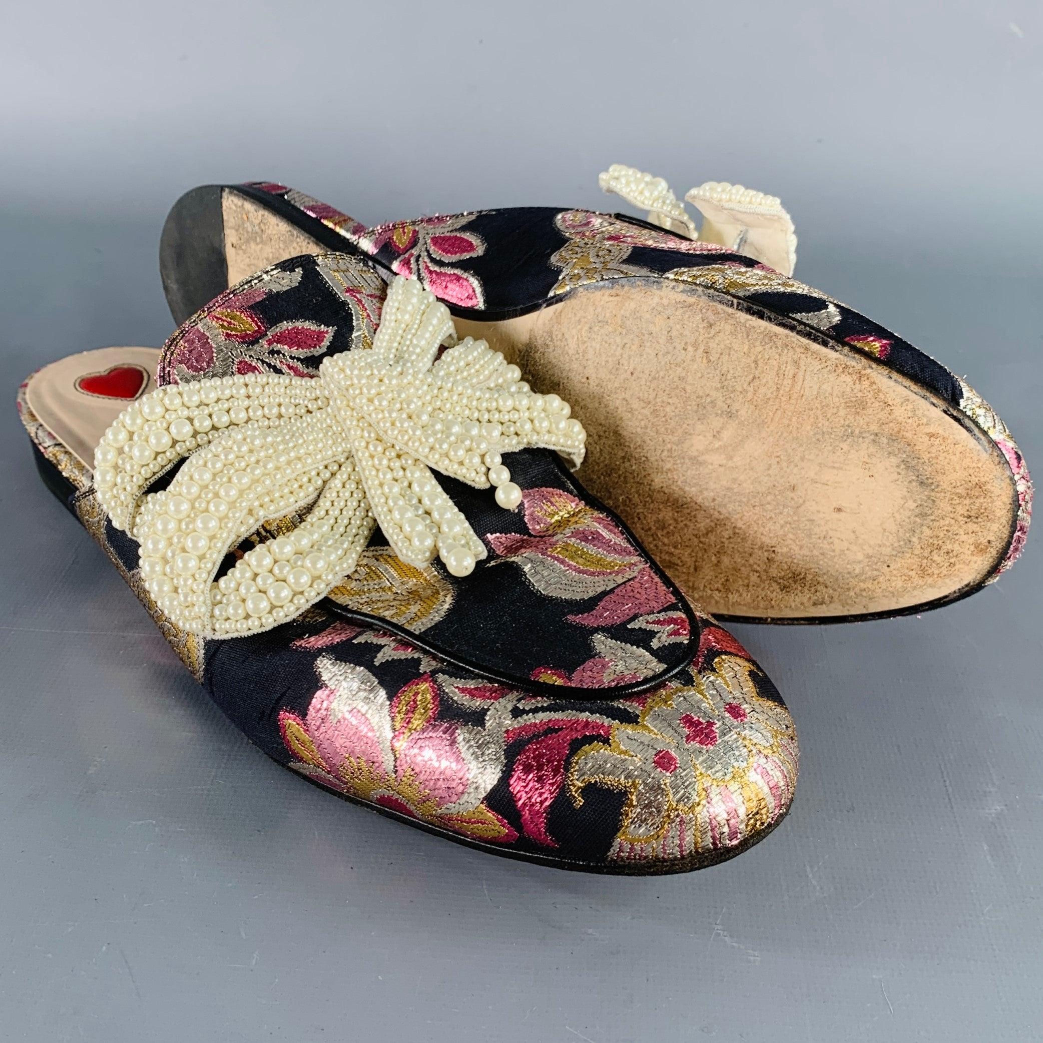 GUCCI Size 9.5 Princetown Black Multi Color Faux Pearl Bows Slip On Flats For Sale 1