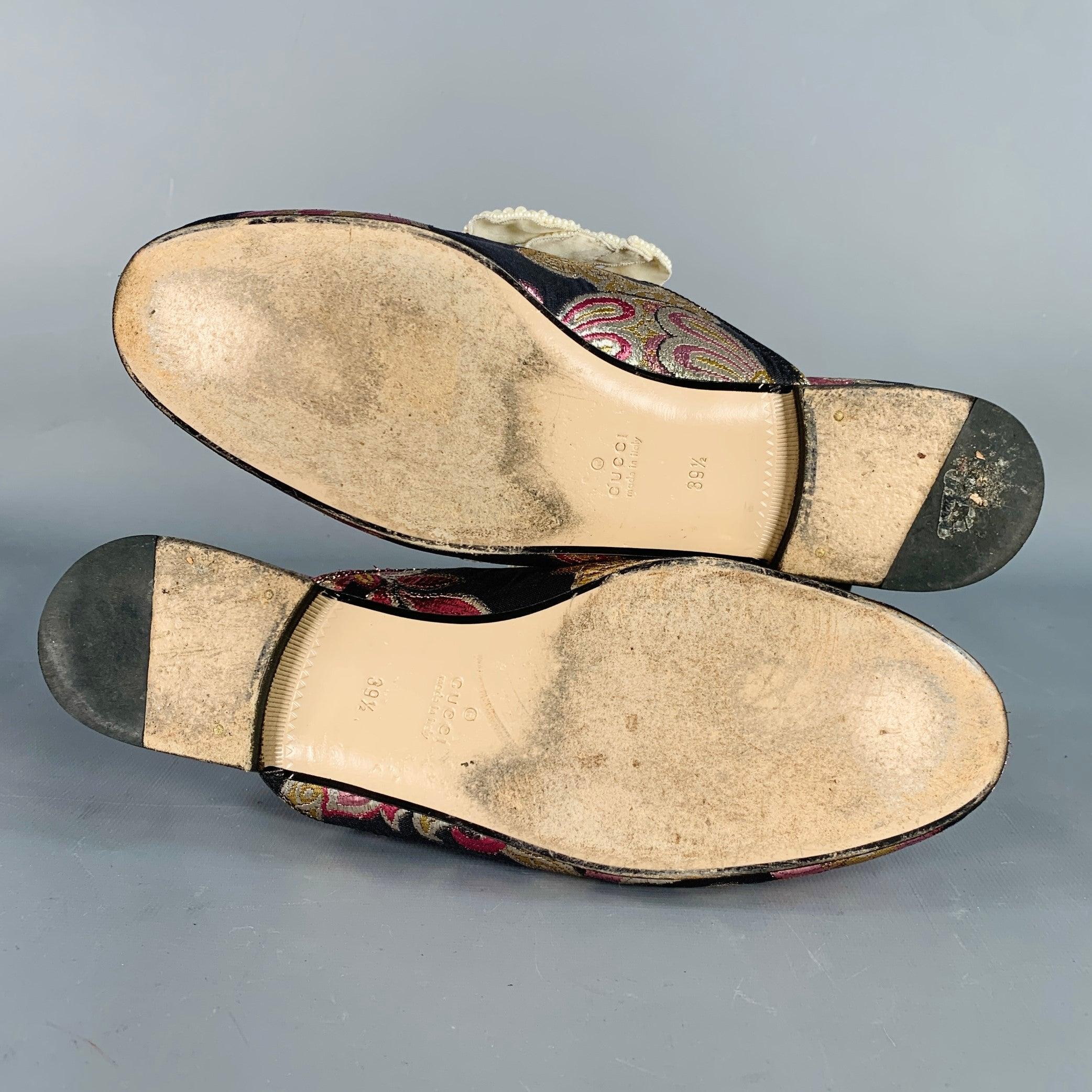GUCCI Size 9.5 Princetown Black Multi Color Faux Pearl Bows Slip On Flats For Sale 2