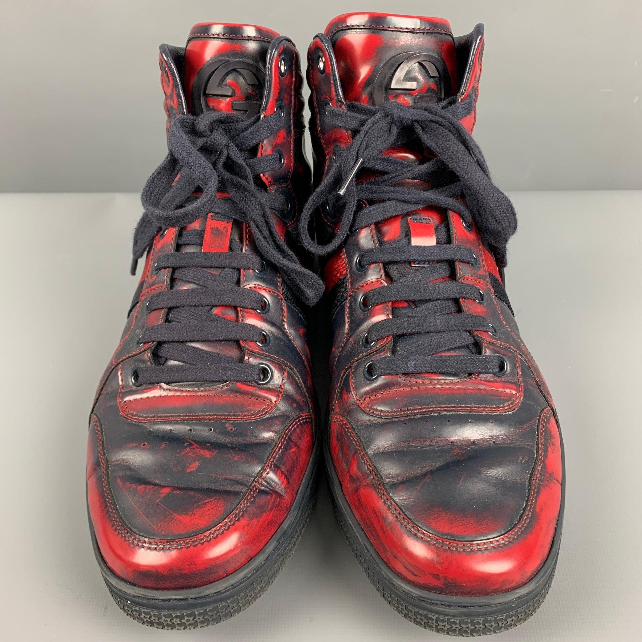 Men's GUCCI Size 9.5 Red Navy Marbled Leather High Top Sneakers For Sale