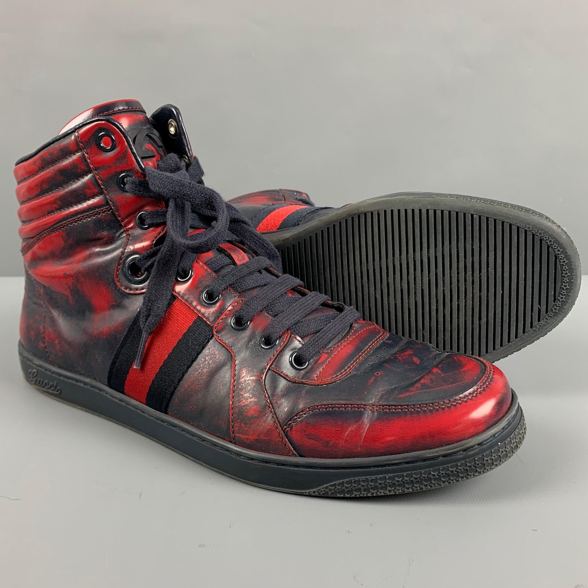 GUCCI Size 9.5 Red Navy Marbled Leather High Top Sneakers For Sale 1