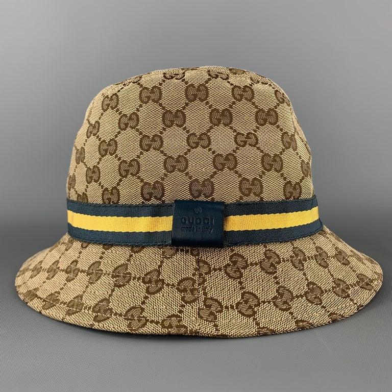 GUCCI Size L Beige Guccissima Blue and Yellow Stripe Bucket Hat at