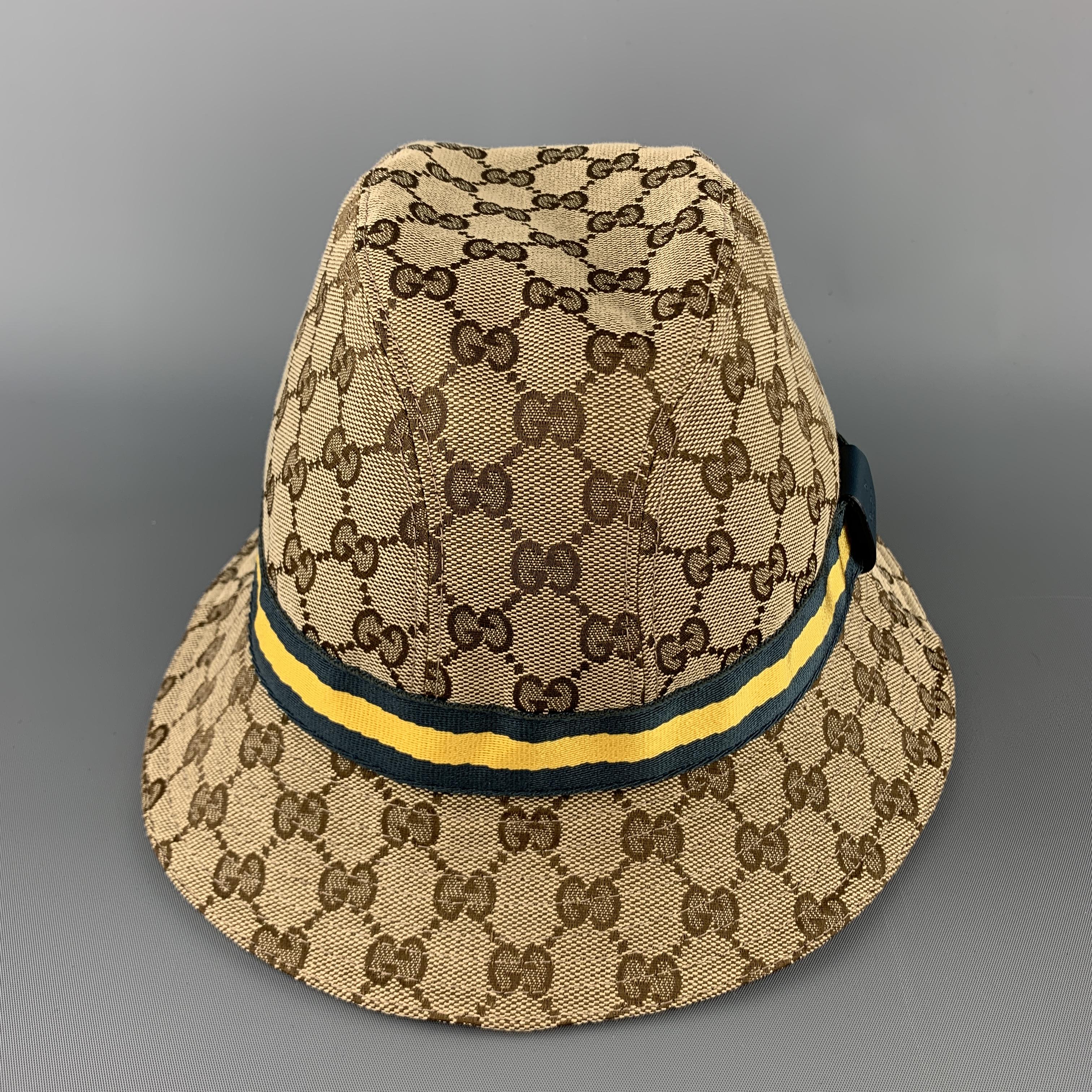  GUCCI Taille L Beige Guccissima Bleu & Rayures Jaunes Chapeau Bucket Pour femmes 