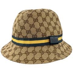 Used GUCCI Size L Beige Guccissima Blue & Yellow Stripe Bucket Hat