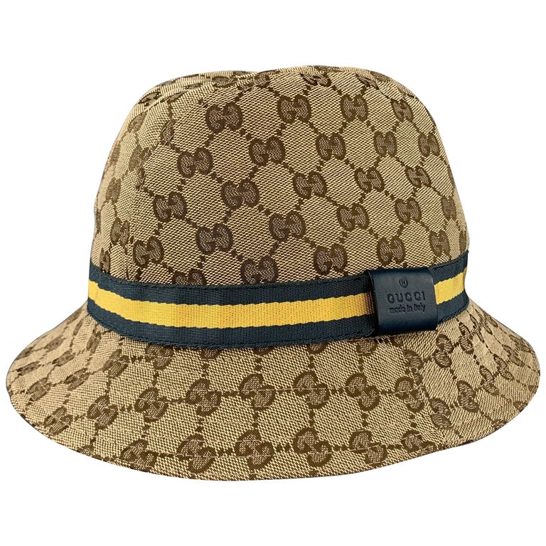 GUCCI Size L Beige Guccissima Blue Yellow Stripe Bucket Hat
