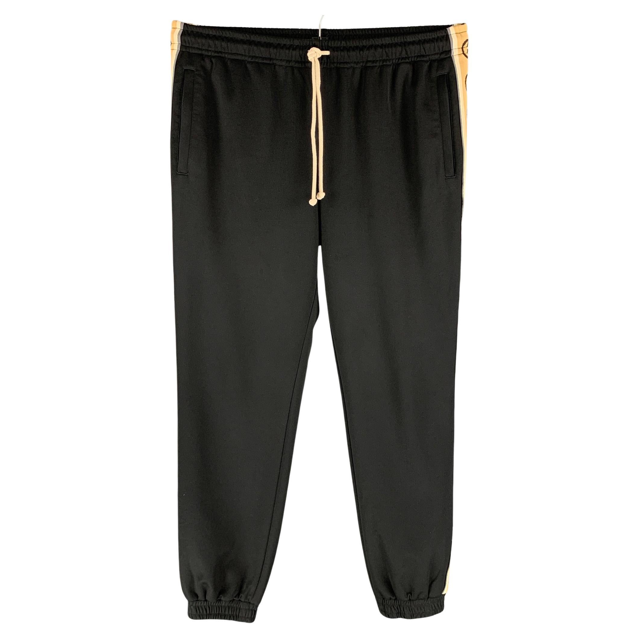 GUCCI Size L Black Khaki Monogram Polyester Cotton Sweatpants Casual Pants