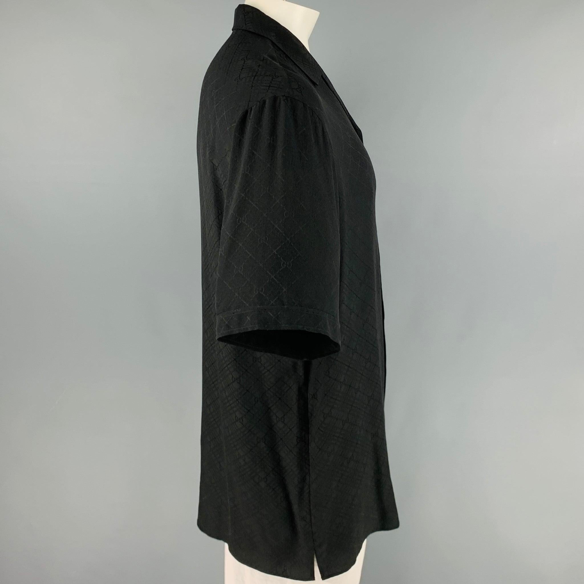 GUCCI Size L Black Monogram Silk Camp Short Sleeve Shirt In Good Condition For Sale In San Francisco, CA