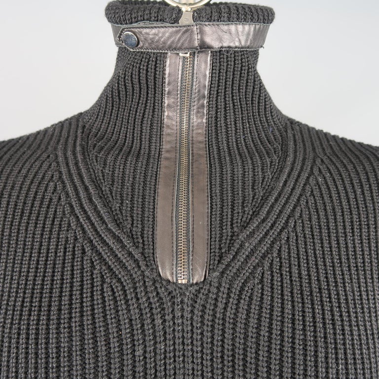 GUCCI Size L Black Ribbed Knit Wool and Leather Zip Turtleneck Sweater ...