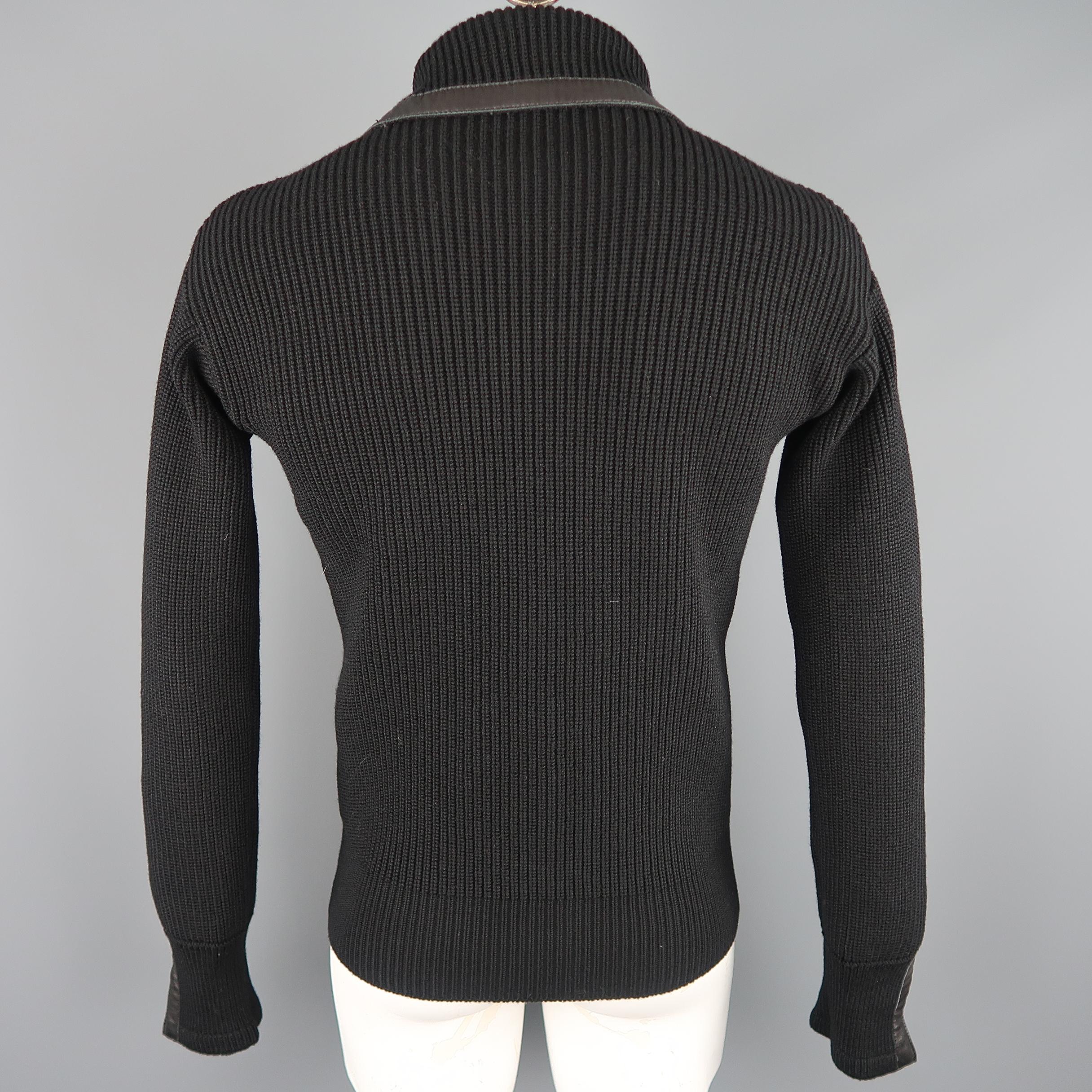 GUCCI Size L Black Ribbed Knit Wool & Leather Zip Turtleneck Sweater In Excellent Condition In San Francisco, CA