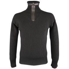 GUCCI Size L Black Ribbed Knit Wool & Leather Zip Turtleneck Sweater