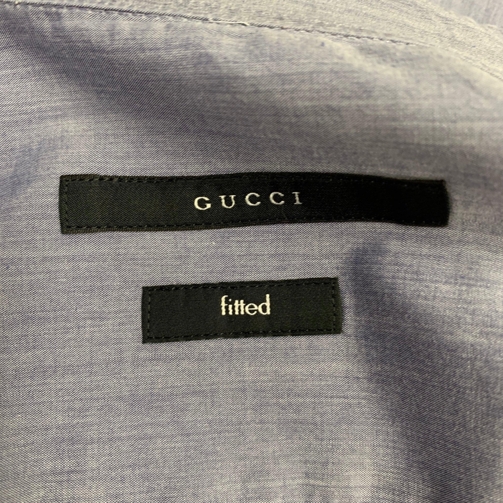 GUCCI Size L Blue Grey Fitted Button Up Long Sleeve Shirt In Excellent Condition For Sale In San Francisco, CA