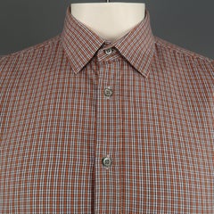 GUCCI Size L Brown & Orange Plaid Cotton Slim Cut Long Sleeve Shirt
