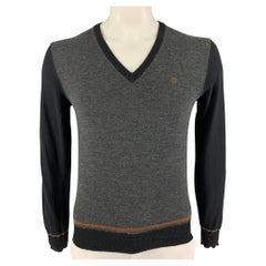GUCCI Size L Gray Black Color Block Wool Silk V-Neck Pullover